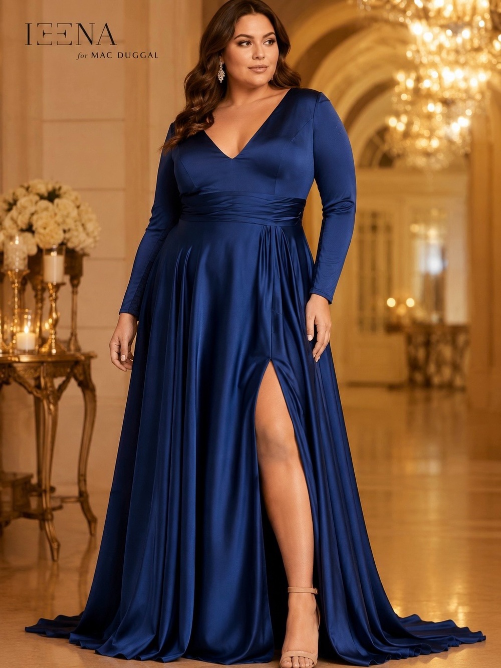 Nwt Ieena For Mac Duggal ‘Satin Long-Sleeve Evening Gown’ In “Midnight” Navy 18w